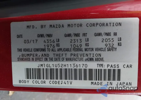 2017 Mazda Mazda6 Sport from USA, damaged, VIN JM1GL1U52H1136170